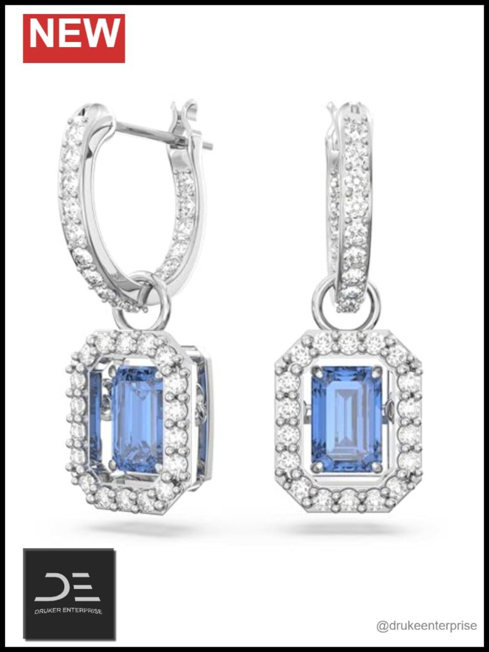 Swarovski Octagon Cut Zirconia Drop Earrings Rhodium Finish